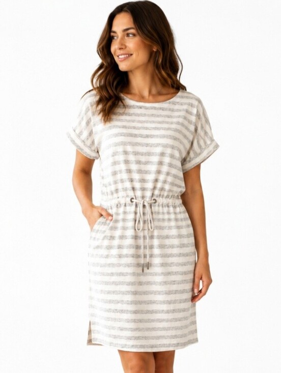 Tommy Bahama Dresses & Skirts - Tommy Bahama Striped Drawstring Dress Medium White Gray Cotton Blend Pockets